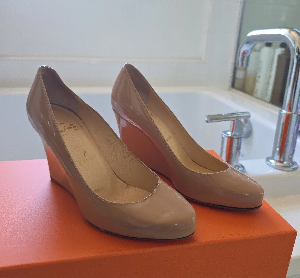 Christian Louboutin Nude Patent Wedge Pumps